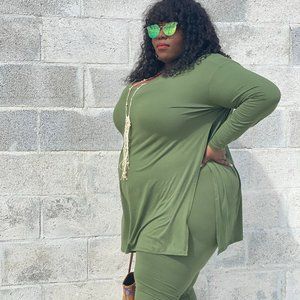 Basic 2 pc Olive Green and Burgundy Oversize Shirt Legging Set